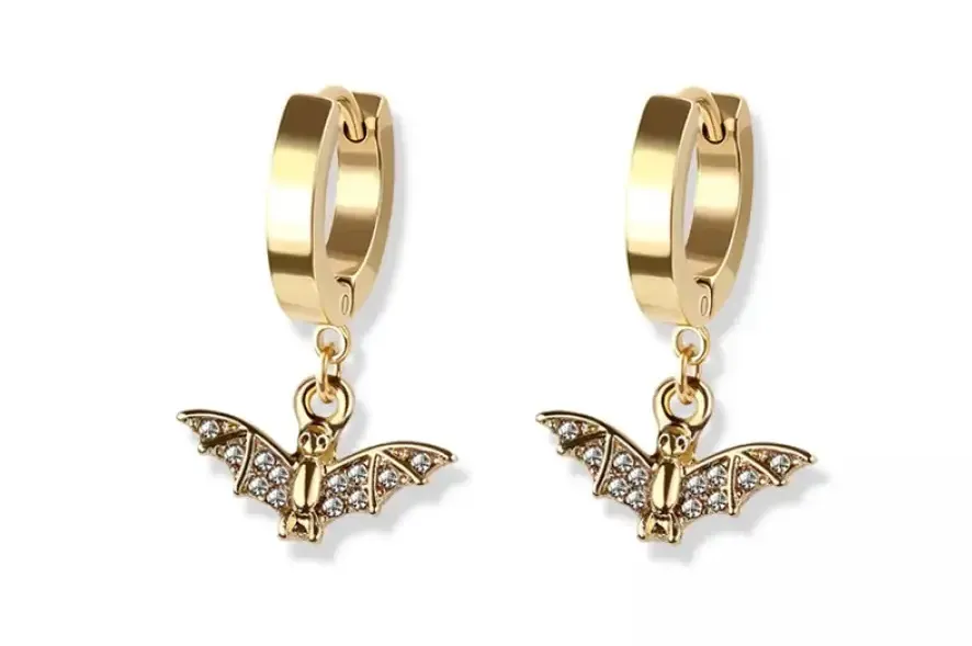 Pair of Gold 316L Stainless Steel Bat Huggie/Hoop Earrings with Gem