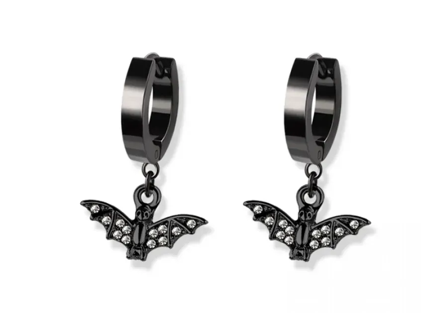 Pair of Black 316L Stainless Steel Bat Huggie/Hoop Earrings with Gem