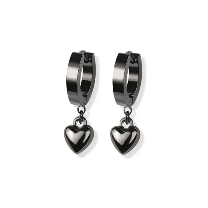 Pair of Black 316L Stainless Steel Huggie/Hoop Earrings With Heart