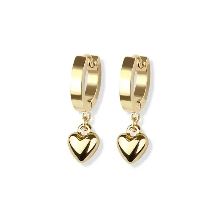 Pair of Gold 316L Stainless Steel Huggie/Hoop Earrings With Heart