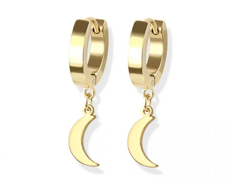 Pair of Gold 316L Stainless Steel Mini Hoop Earring W/Crescent Dangle