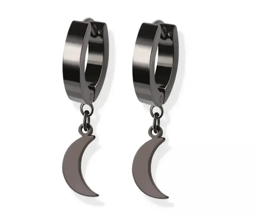 Pair of Black 316L Stainless Steel Mini Hoop Earring W/Crescent Dangle