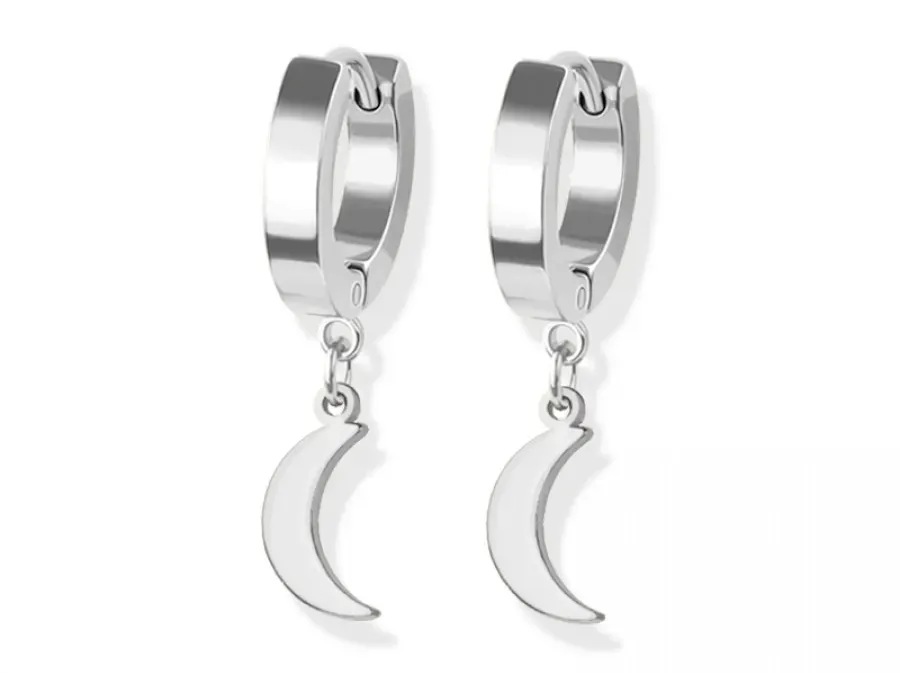 Pair of 316L Stainless Steel Mini Hoop Earring W/Crescent Dangle