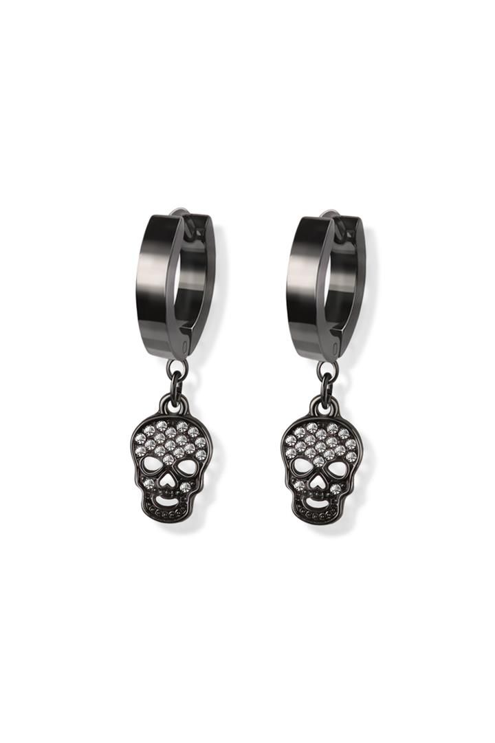 Pair of Black 316L Stainless Steel Earrings W/Alloy CZ Paved Skull Dangle