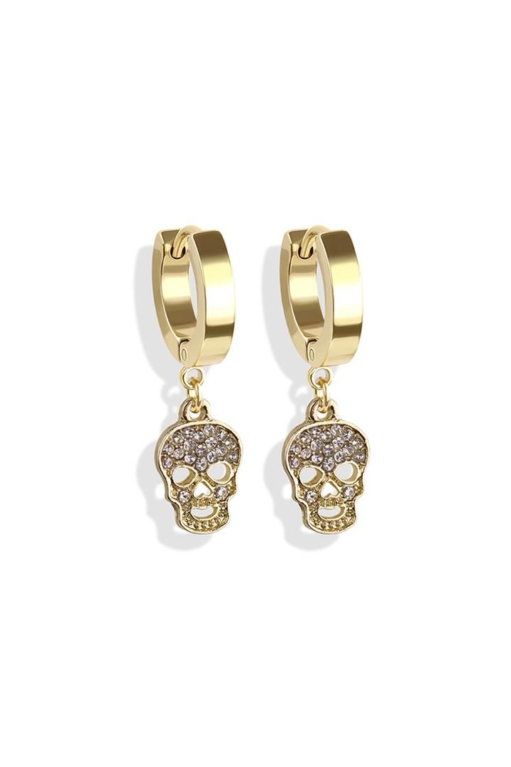 Pair of Gold 316L Stainless Steel  Earrings W/Alloy CZ Paved Skull Dangle