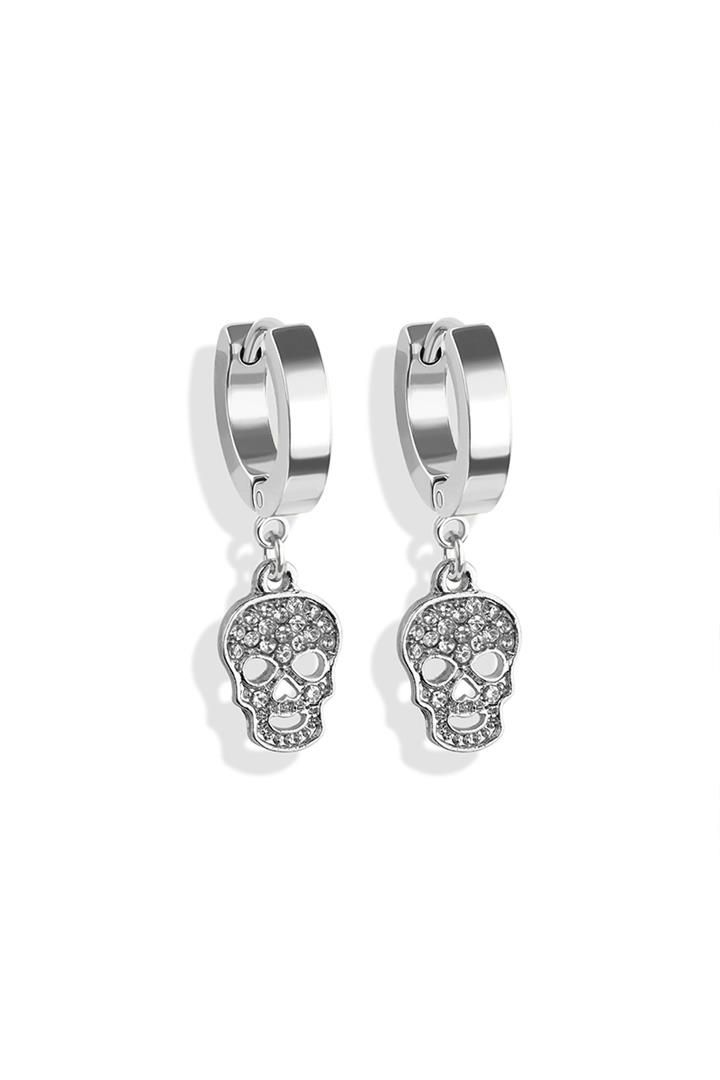Pair of 316L Stainless Steel Earrings W/Alloy CZ Paved Skull Dangle