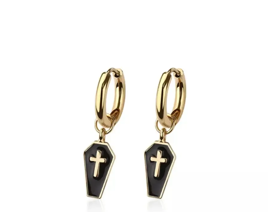 Gold Pair of 316L Stainless Steel Huggie/Hoop Enamel Layer Coffin