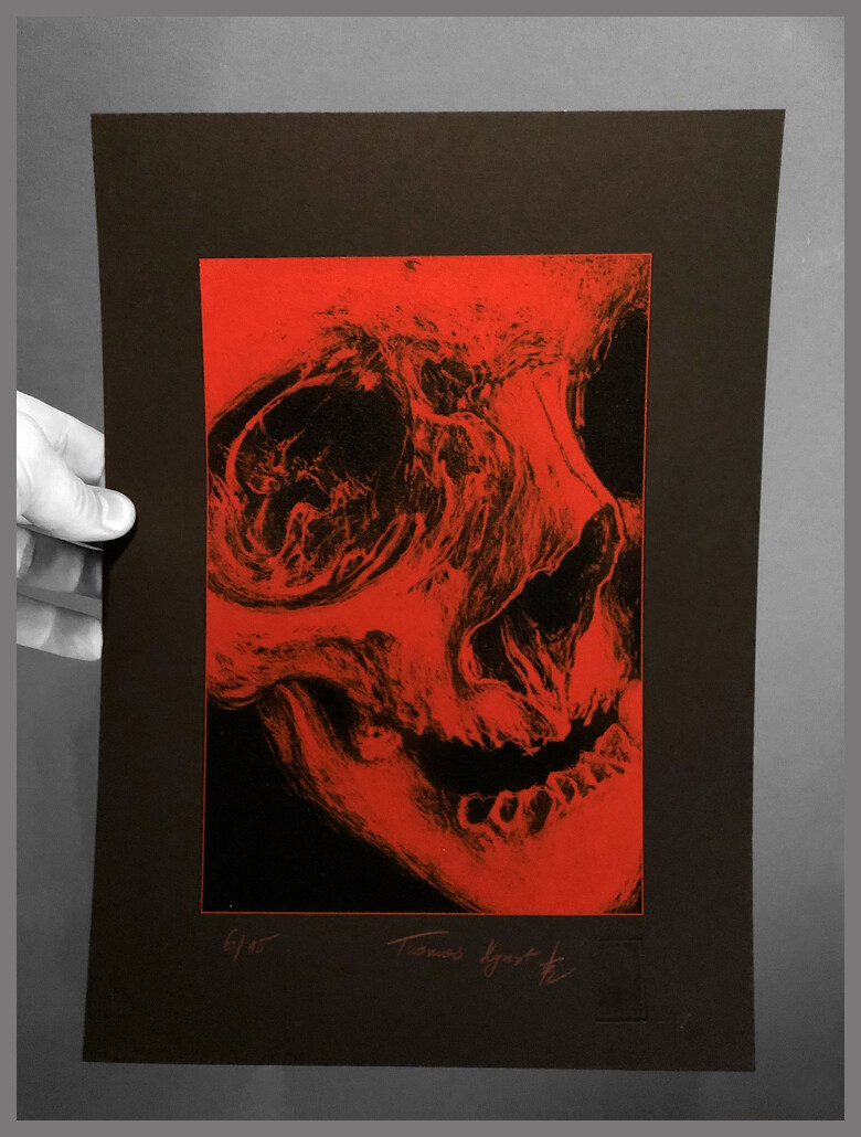 Red Scratch Skull on black paper