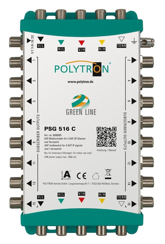 PSG516C Polytron Kaskaden Multischalter 5 Eingänge, 4xSAT &amp; 1x TERR &amp; 16