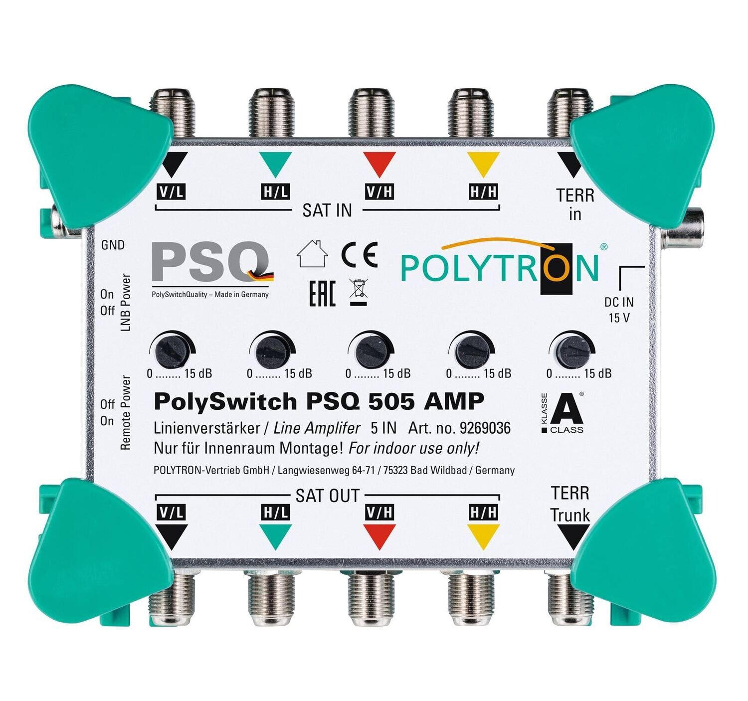 PSQ 505 AMP Linienverstärker 4x SAT+terr., Verstärkung SAT 20-24 dB / terr. 20 dB
(Netzteil bei Bedarf mitbestellen)