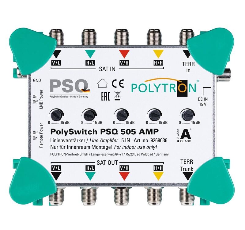 PSQ 505 AMP Linienverstärker 4x SAT+terr., Verstärkung SAT 20-24 dB / terr. 20 dB
(Netzteil bei Bedarf mitbestellen)