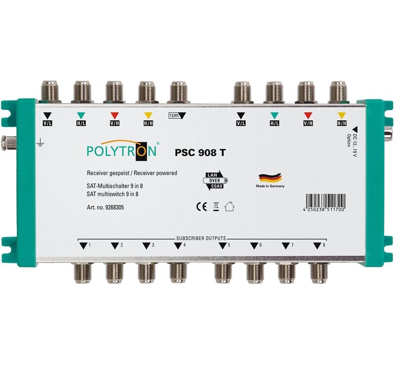 PSC 908 T Einzel-/ End-Multischalter, 9 in/ 8 out, Spannungsversorgung durch
Receiver, terrestrisch passiv, LAN über Coax kompatibel