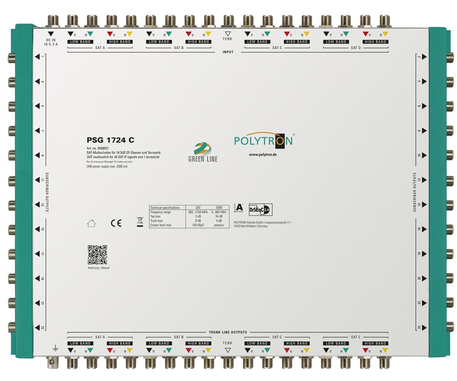 PSG 1724 C Kaskaden-Multischalter, 17 IN, 24 Teilnehmer, Green Line, F-Anschlüsse.