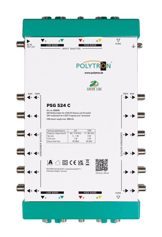 PSG 524 C Polytron Kaskaden Multischalter 5 Eingänge, 4xSAT &amp; 1x TERR &amp; 24