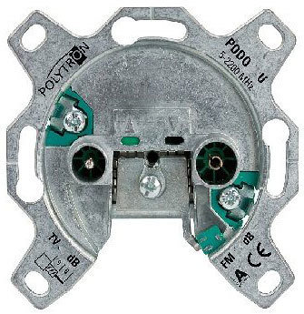 Durchgangsdose 10dB, 5-860 MHz ohne Abdeckung und Rahmen. STECK-LÖSEKLEMME FÜR INNENLEITER ohne Abdeckung und Rahmen.