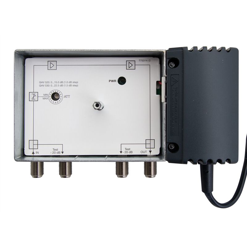 Verstärkung 20 dB, max. Ausgangspegel 101 dBµV (42 ch. 3 dB Slope)
