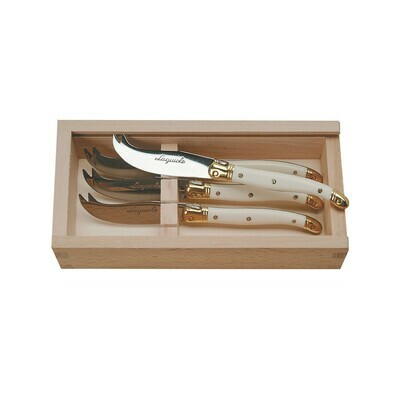 Jean Dubost 4 Cheese Knives with Ivory Handles In Wood Box France
