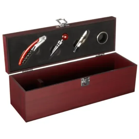 True Cherry Padded Wooden Gift Box w/4 Wine Tools