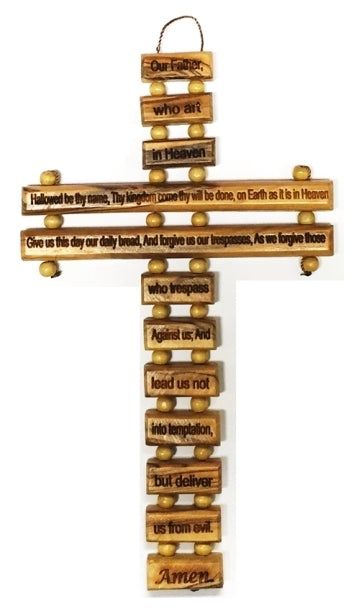 OLIVE WOOD WALL CROSS OUR FATHER 22CM