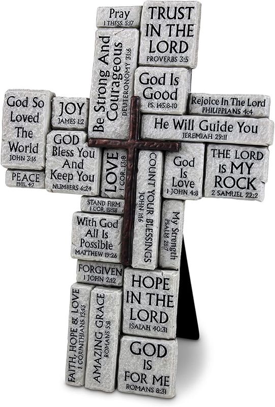 RESIN CROSS: STACKED GREY STONES LOOK (EASEL STAND OR WALL HANGING OPTION)