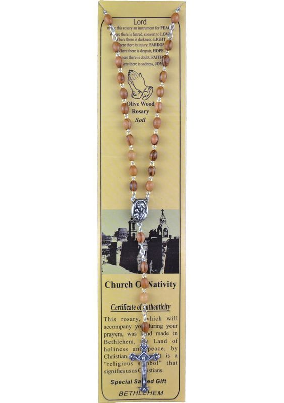 OLIVE WOOD ROSARY ON CARD CHURCH OF NATIVITY WITH SOIL