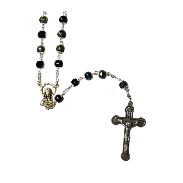 ROSARY WITH CRYSTAL SILVER TULIP CAPPED BEADS BLACK