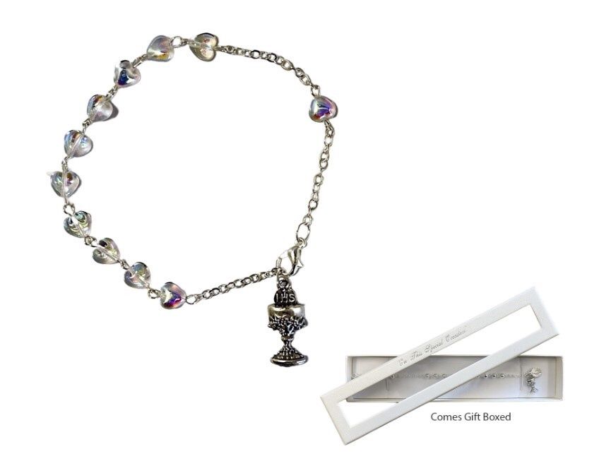 COMMUNION ROSARY BRACELET GIFT BOXED GLASS HEARTS