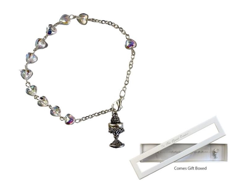 COMMUNION ROSARY BRACELET GIFT BOXED GLASS HEARTS