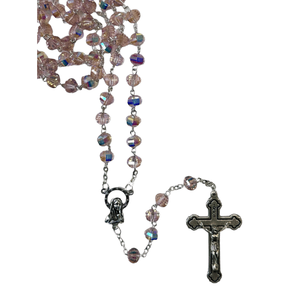 ROSARY WITH 10MM GLASS CRYSTAL BEADS PINK