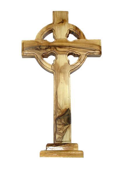 OLIVE WOOD CELTIC CROSS ON STAND 15CM