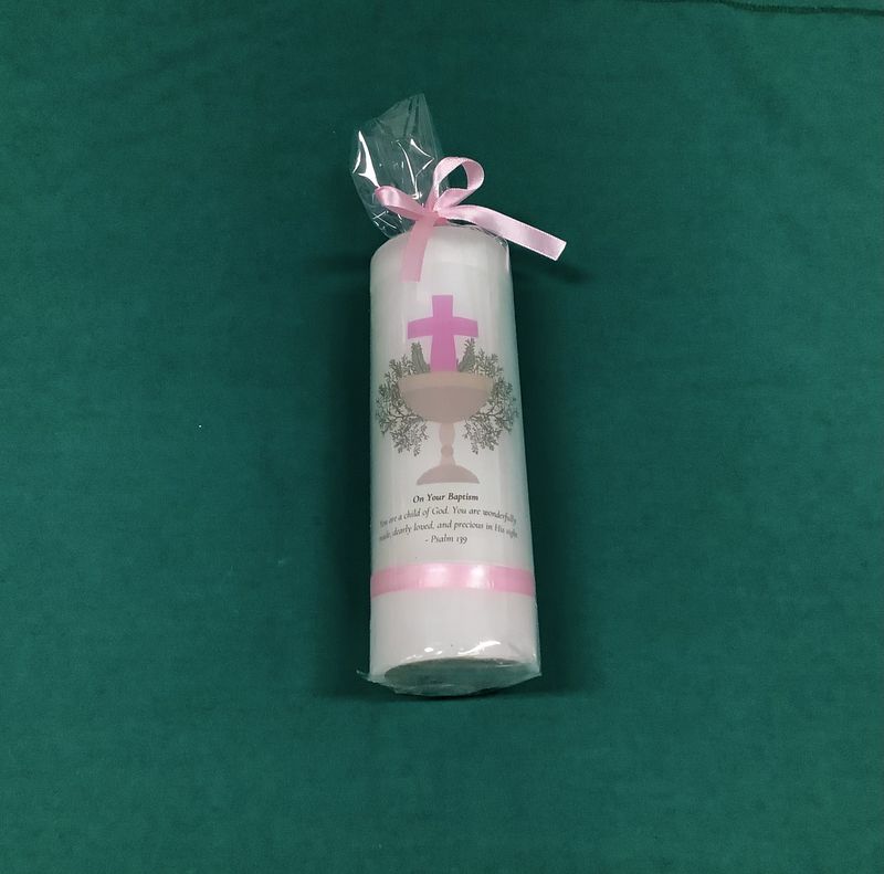 BAPTISM CANDLE - PINK CROSS, FONT