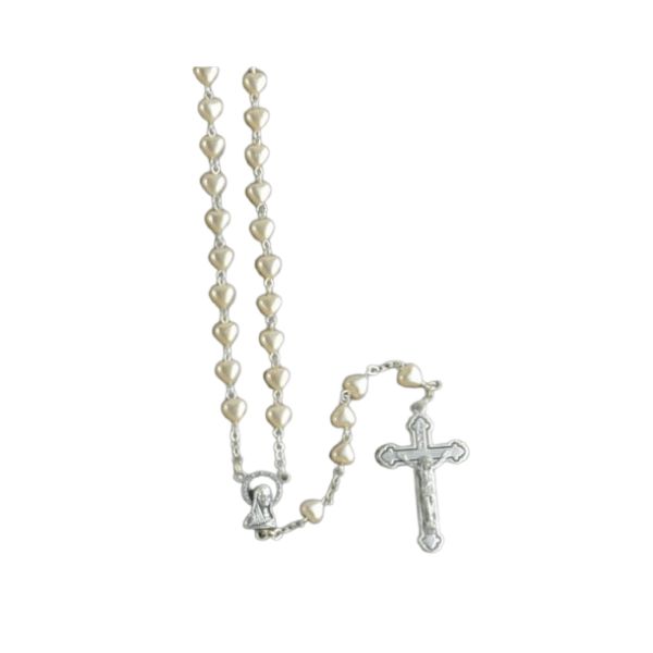 ROSARY WITH IMITATION MOTHER OF PEARL HEARTSHAPE BEADS
