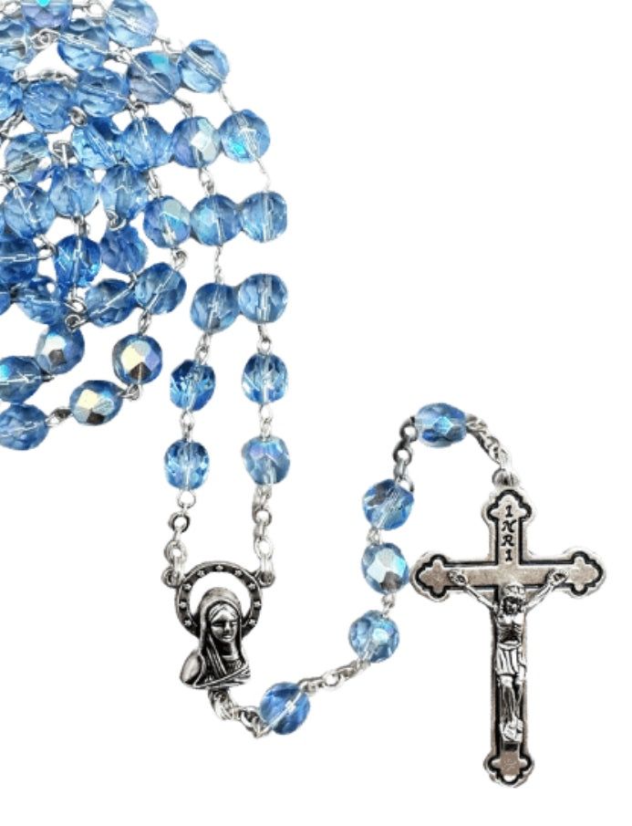 ROSARY WITH 7MM BLUE CRYSTAL BEADS