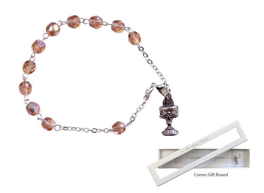 COMMUNION ROSARY BRACELET GIFT BOXED PINK GLASS