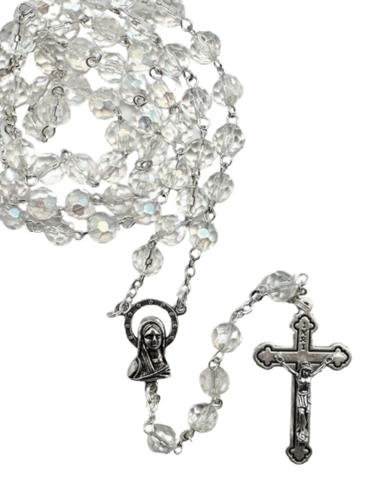 ROSARY BEADS GLASS WITH 6MM CLEAR BEAD BOXED