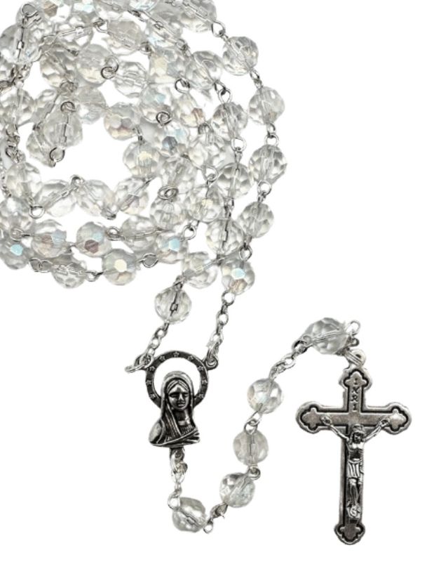 ROSARY BEADS GLASS WITH 6MM CLEAR BEAD BOXED