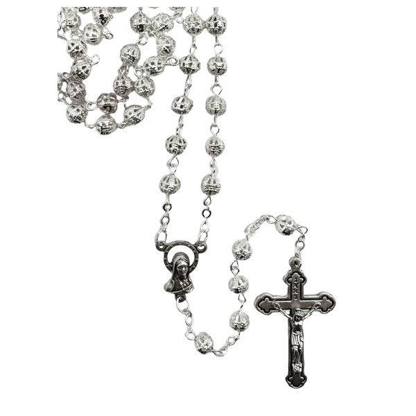 ROSARY WITH 8MM SILVER FILIGREE BEADS