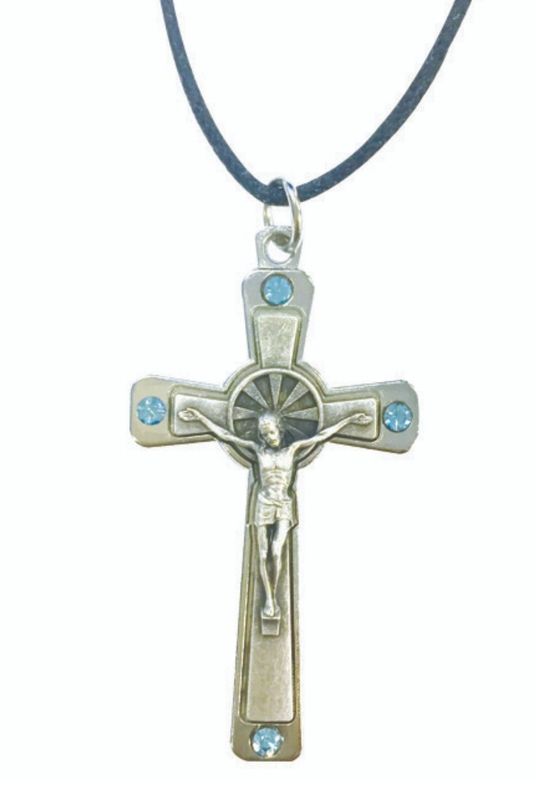 SILVER METAL CRUCIFIX ON CORD - BLUE