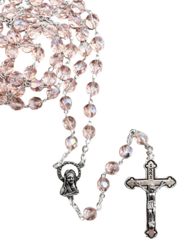 ROSARY WITH 7MM PINK CRYSTAL BEADS
