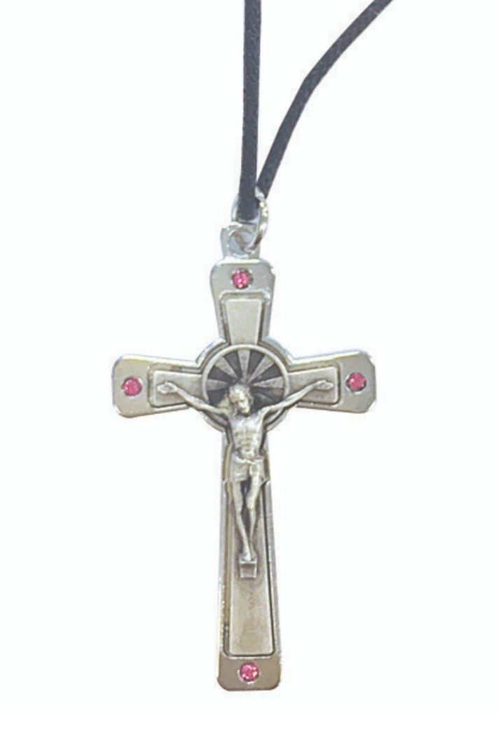 SILVER METAL CRUCIFIX ON CORD - PINK