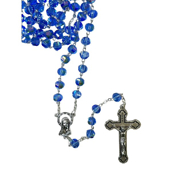 ROSARY WITH 10MM GLASS CRYSTAL BEADS BLUE