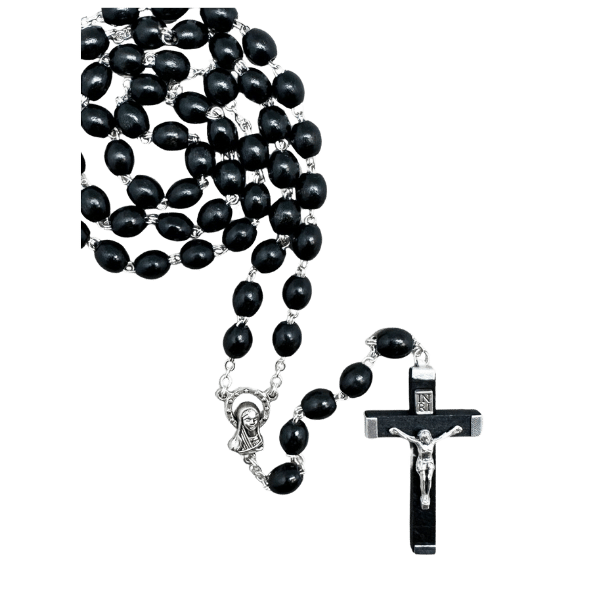 ROSARY BOXED WITH BLACK WOOD BEADS