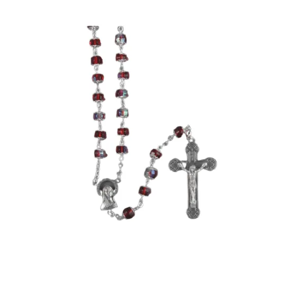 ROSARY WITH CRYSTAL SILVER TULIP CAPPED BEADS RED