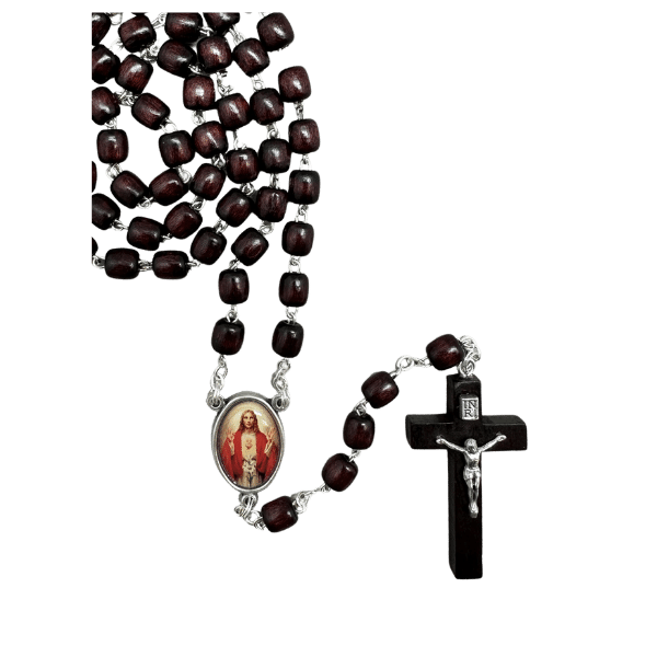 ROSARY WOOD CYLINDER BEAD SACRED HEART JESUS MEDAL