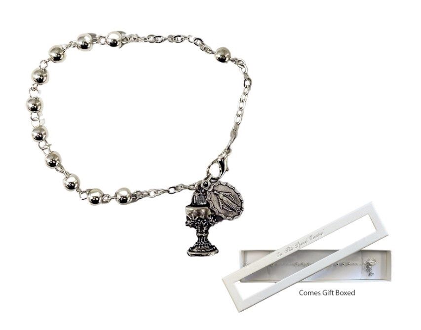 COMMUNION ROSARY BRACELET GIFT BOXED SILVER