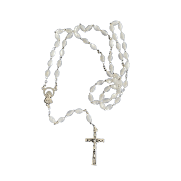 ROSARY WITH OVAL IMITATION MOTHER OF PEARL BEADS WHITE