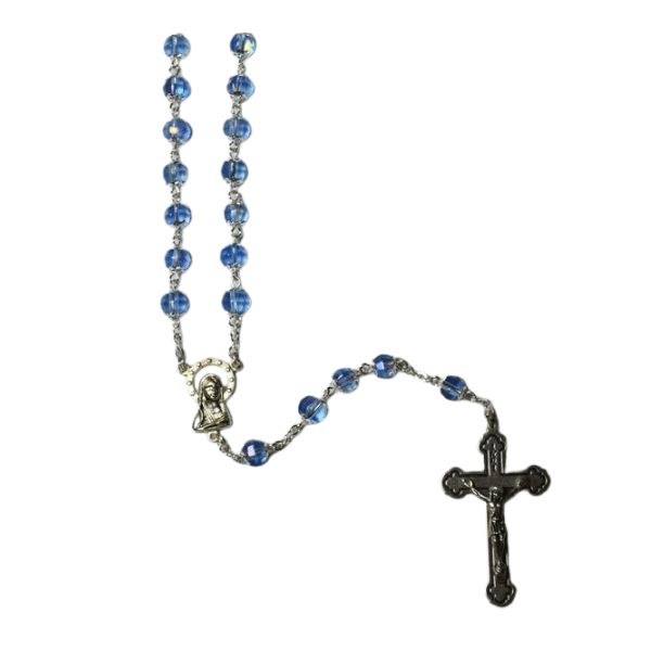 ROSARY WITH CRYSTAL SILVER TULIP CAPPED BEADS BLUE