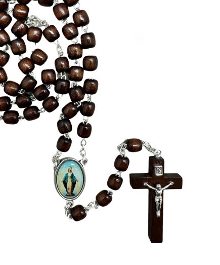 ROSARY WOOD CYLINDER BEAD MIRACULOUS