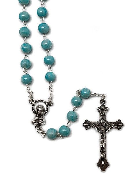 ROSARY MARBLED GLASS TURQUOISE BLUE 6MM