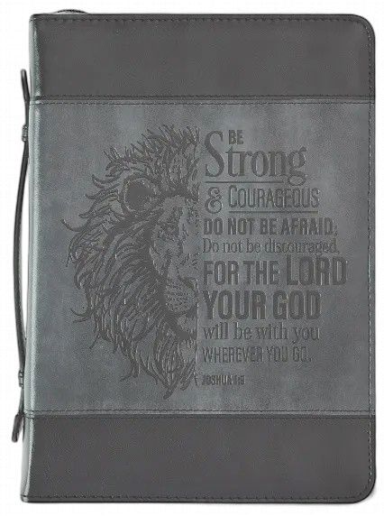 BIBLE COVER LARGE CLASSIC, BE STRONG &amp; COURAGEOUS, GREY/BLACK LUXLEATHER (JOSHUA)